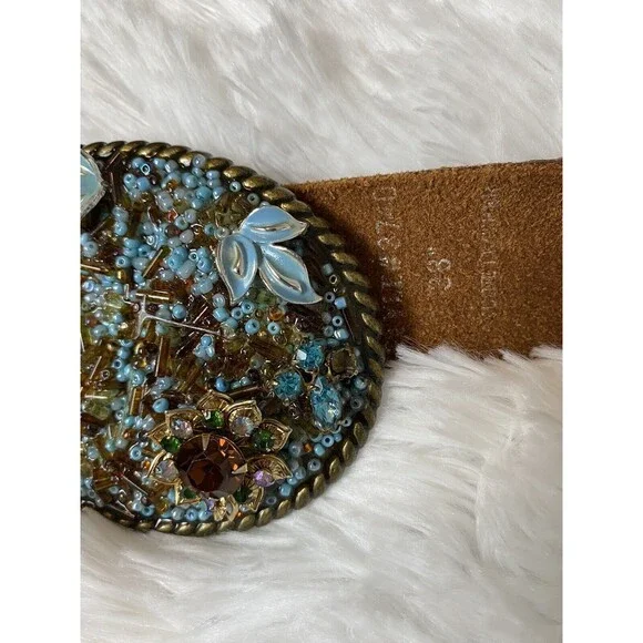 Genuine Leather Belt Women Size 38 Rhinestone Oval Buckle Brown Western - Picture 9 of 10